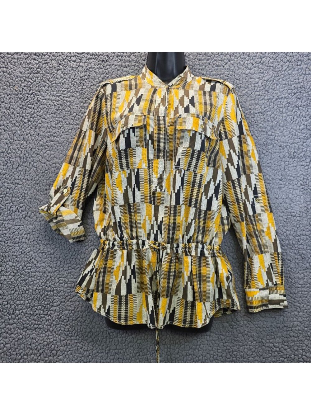 Michael Kors Cinched Button Up Blouse M Brown Yellow Geometric Festival Retro